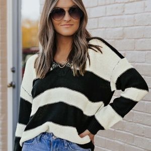 Striped Lace Splicing V Neck Knit Sweater (22615)